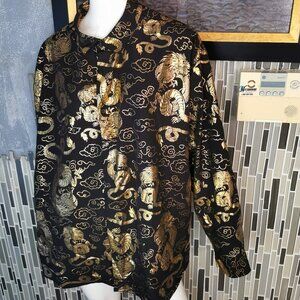 DRILL CLOTHING CO Stretch DRAGON Print Black GOLD Button Down BIG Mens 4XL 0458